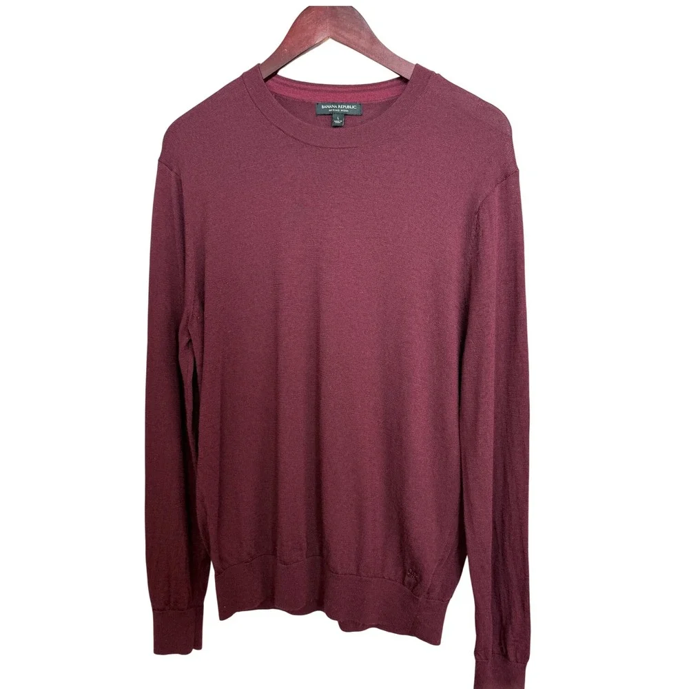 Banana Republic Sweater Mens L Burgundy Merino Wool Crewneck Lightweight‎ Knit